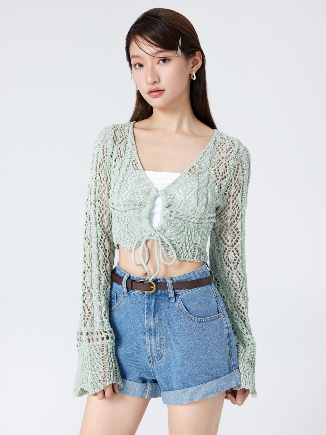 Solid Crochet Tie Front Deep V Neck Crop Top