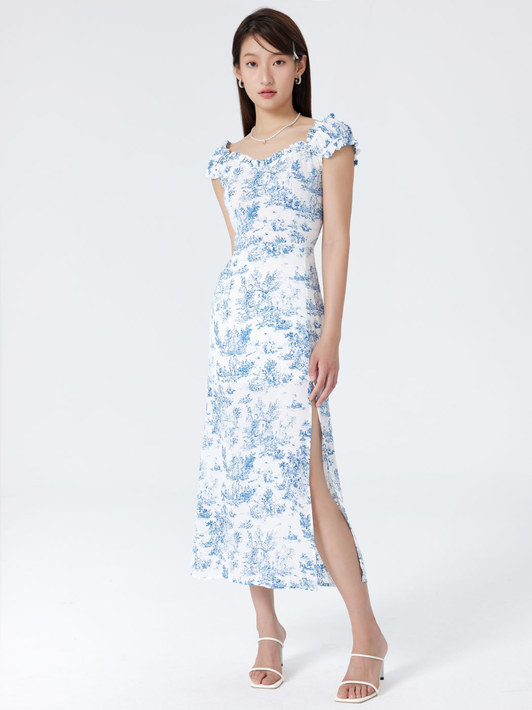 Toile de Jouy Ruffle Trim Slit Midi Dress