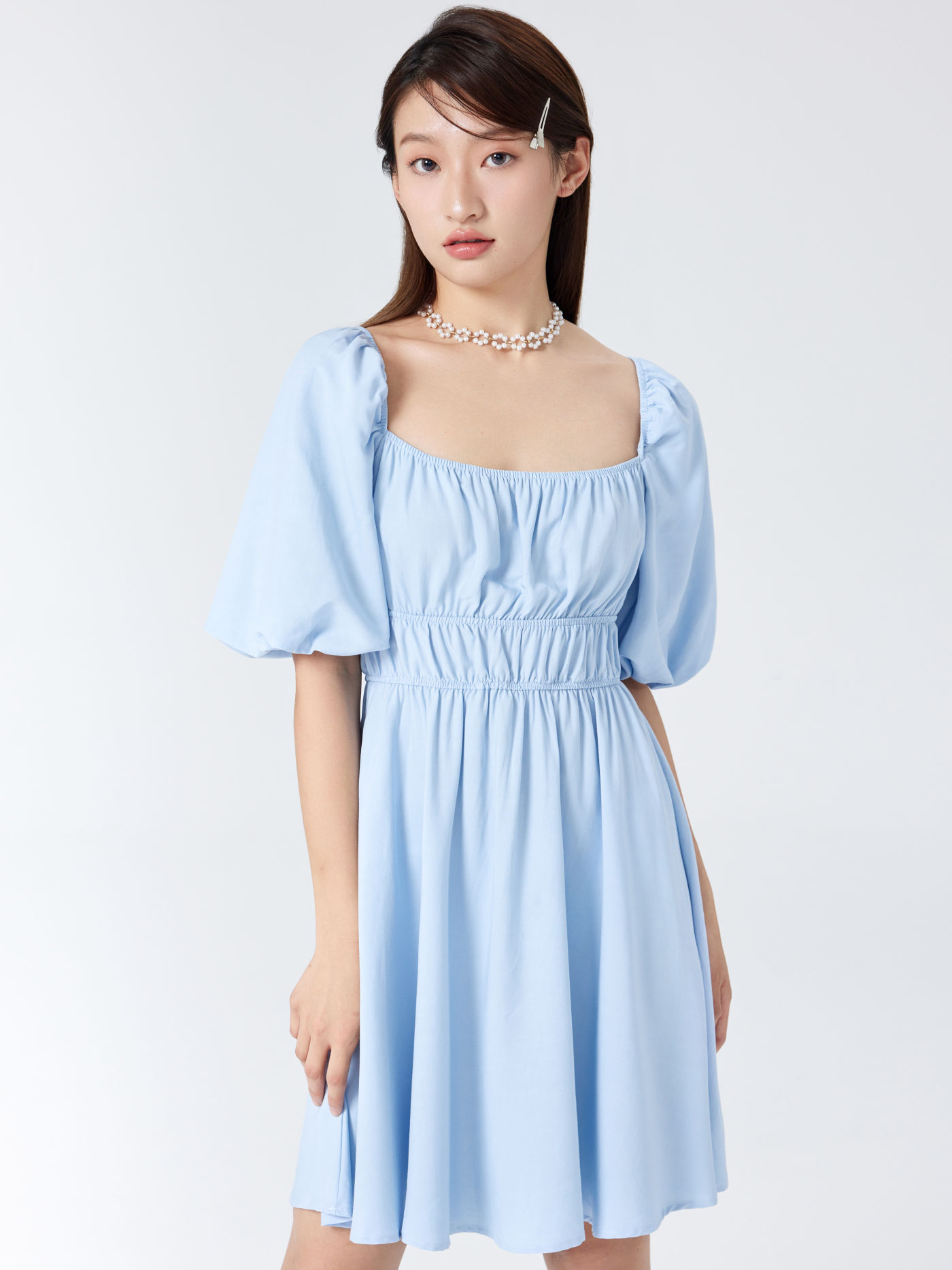 Solid Puff Sleeve Mini Dress