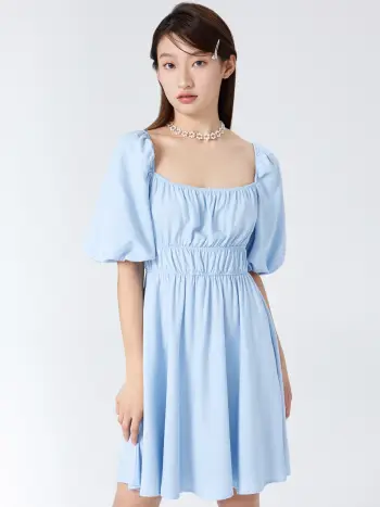 Solid Puff Sleeve Mini Dress