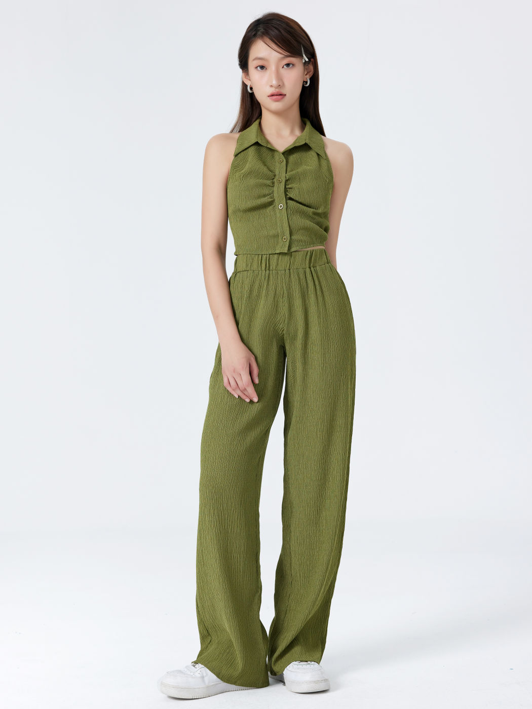 Solid Texture Elastic Waist Trousers 