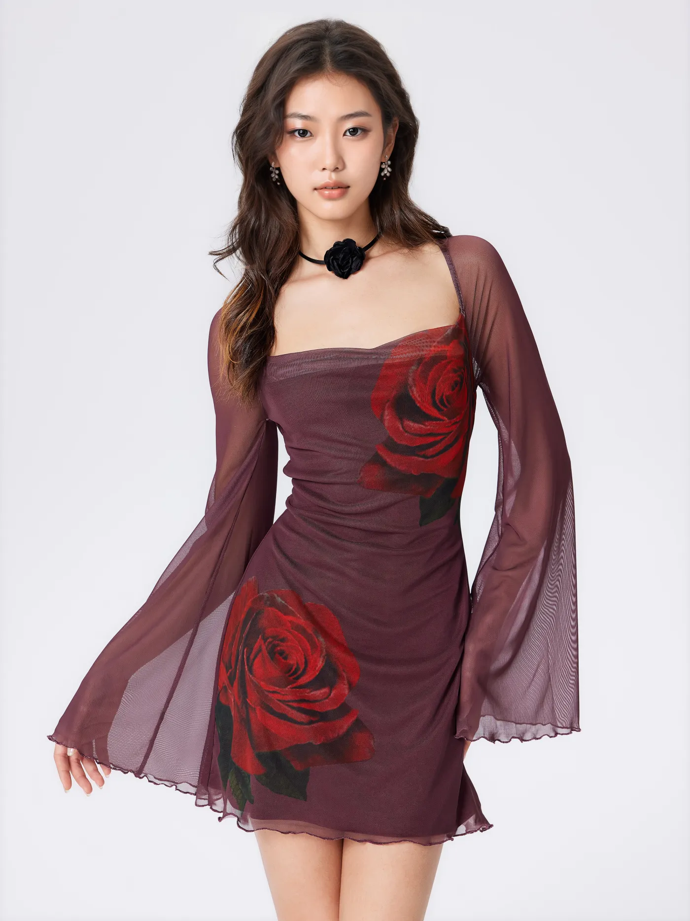 Floral Cowl Neck Sheer Mini Dress