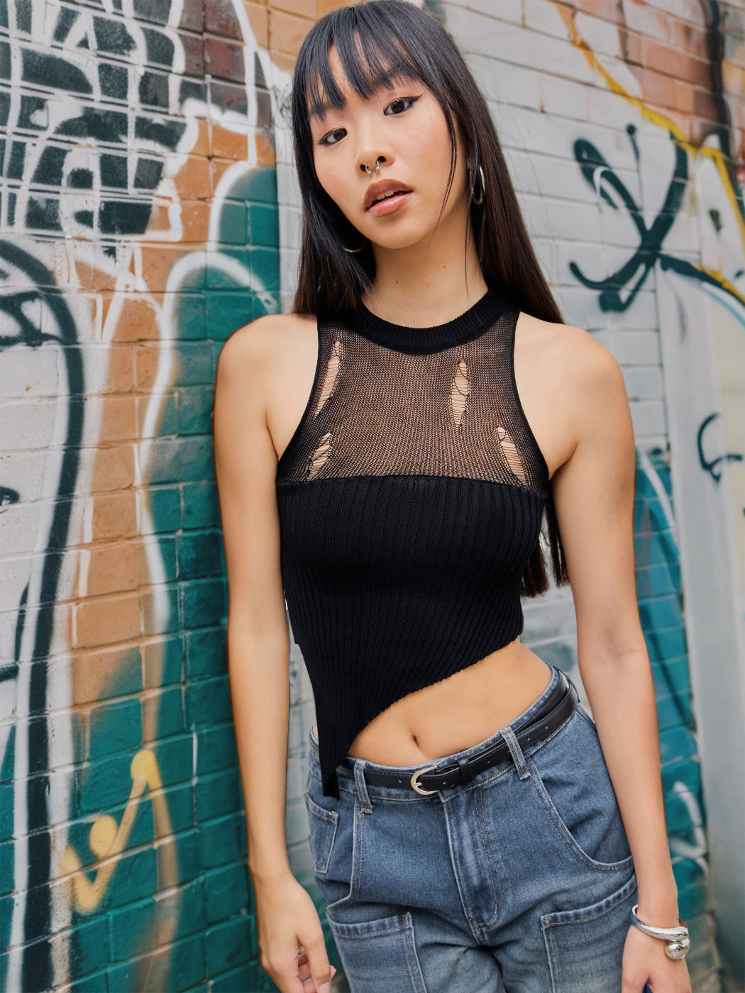 Solid Knit Round Neckline Asymmetrical Ripped Crop Top