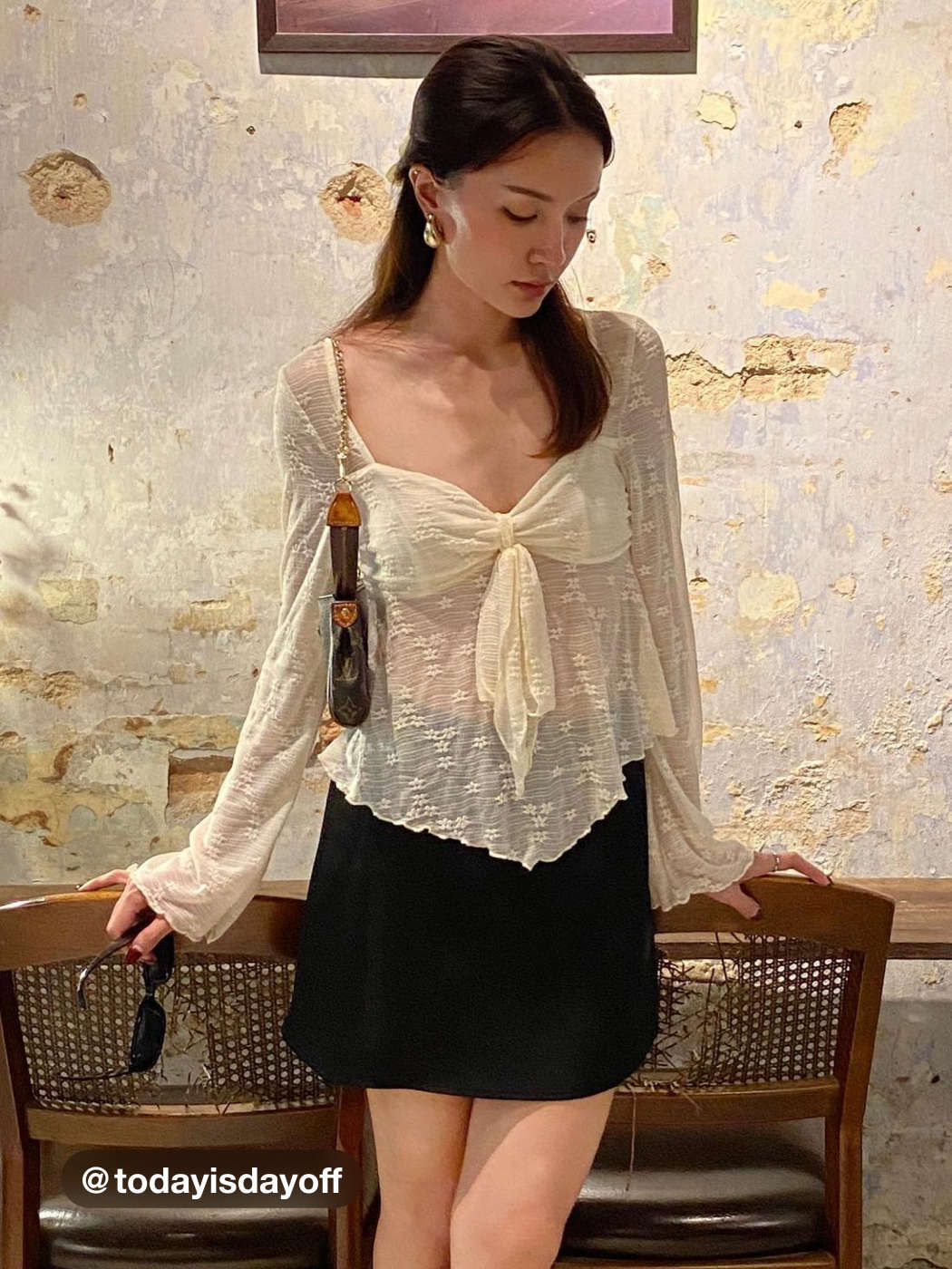 Lace Square Neck Knotted Long Sleeve Top