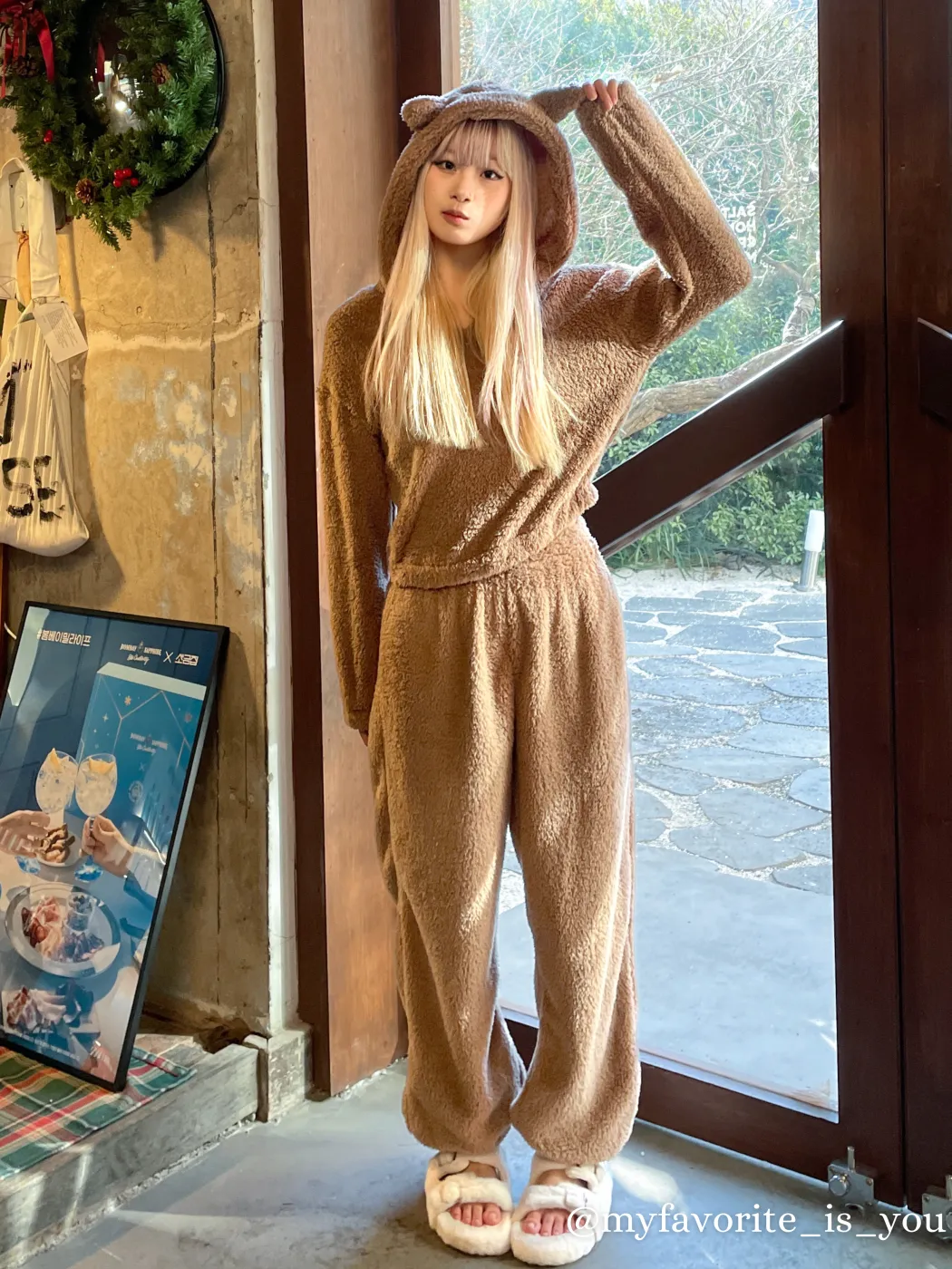 Fleece V-neck Bear Hoodie & Middle Waist Trousers Loungewear Set