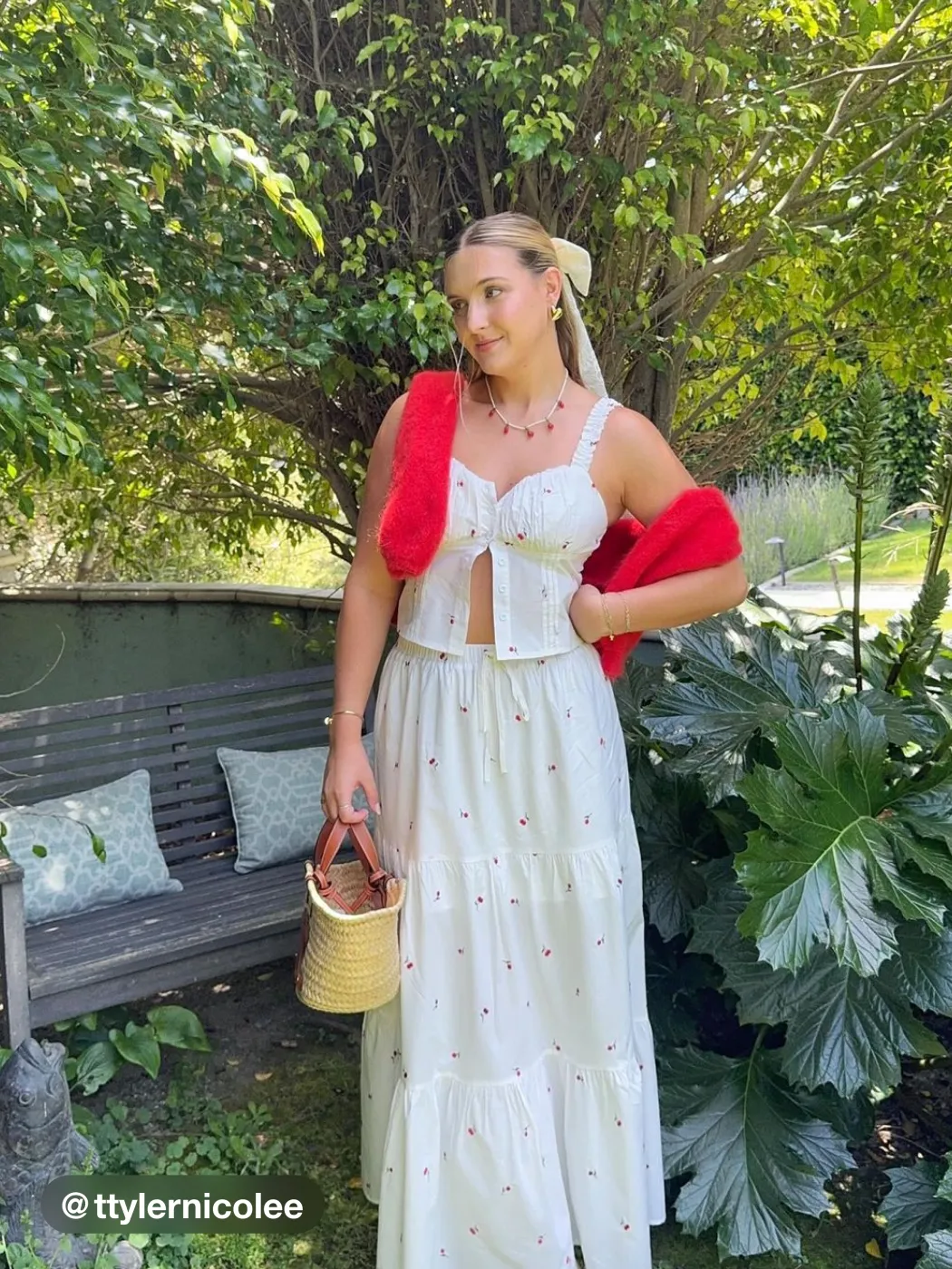 High Rise Cherry Embroidery Knotted Maxi Skirt
