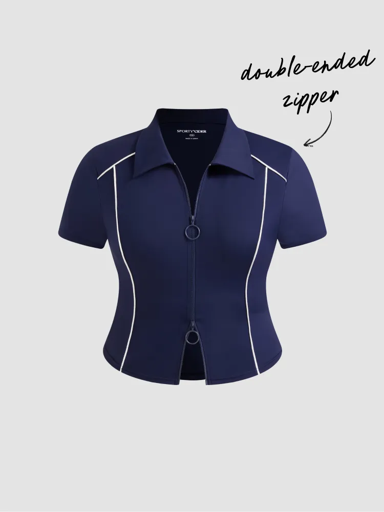CIDERAIRY™ COLLAR SOLID ZIPPER SHORT SLEEVE TOP CURVE & PLUS