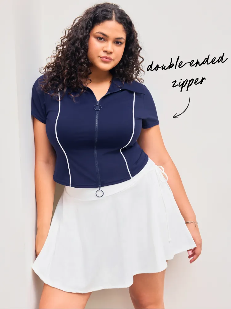 CIDERAIRY™ COLLAR SOLID ZIPPER SHORT SLEEVE TOP CURVE & PLUS