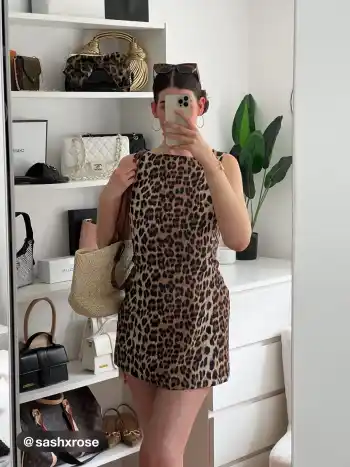 Boat Neck Leopard Print Zipper Mini Dress