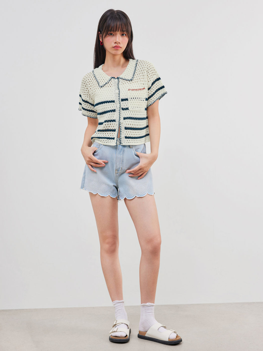 Knitted Collar Striped Short Sleeve Top