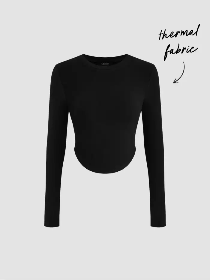Thermal Cotton-blend Boat Neck Solid Ruched Long Sleeve Tee