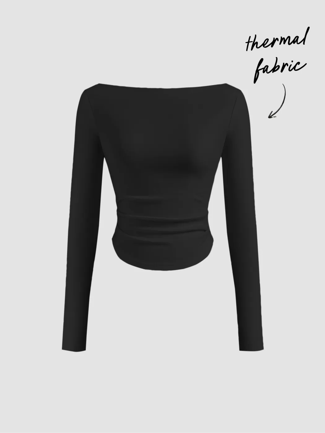 Thermal Cotton-blend Boat Neck Solid Ruched Long Sleeve Tee