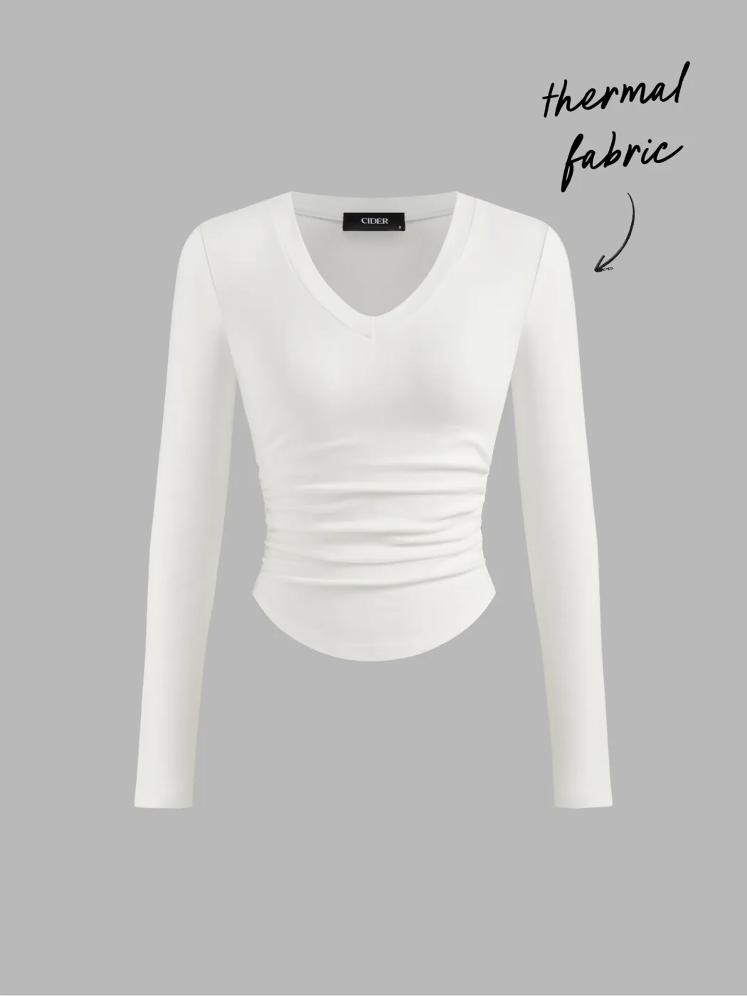 Thermal Cotton-blend V-neck Solid Ruched Long Sleeve Tee