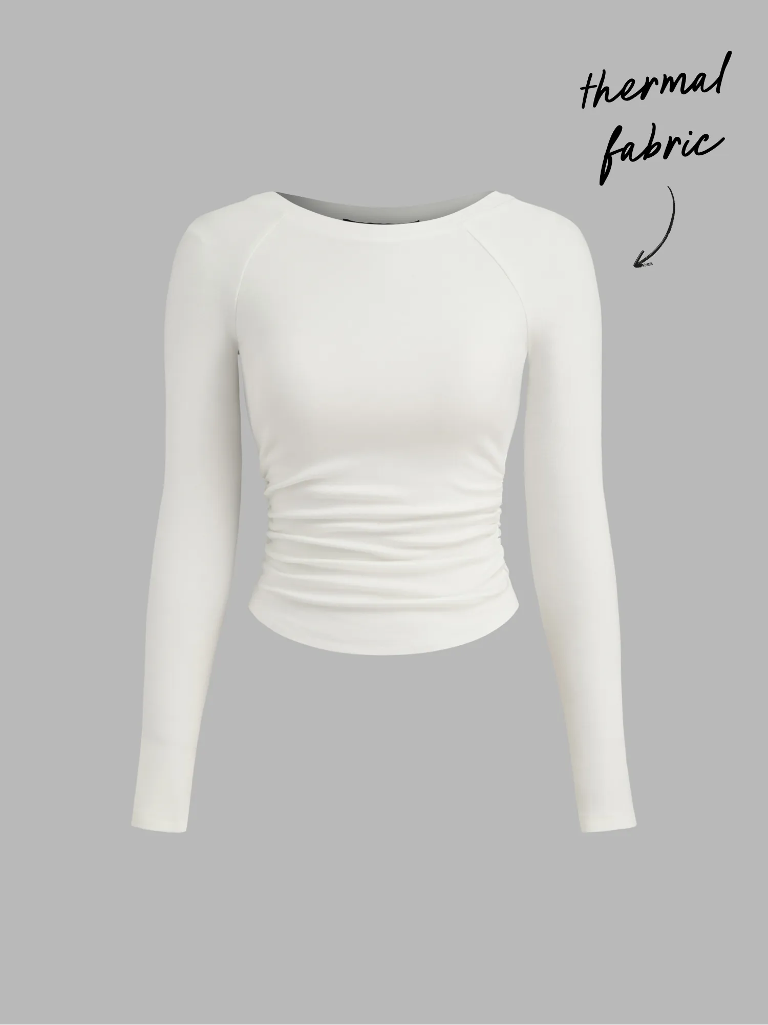 Thermal Cotton-blend Boat Neck Solid Ruched Long Sleeve Tee