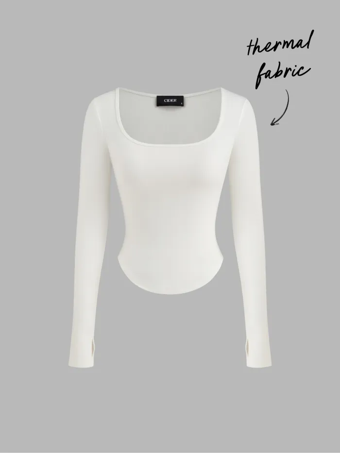 Thermal Cotton-blend V-neck Long Sleeve Lace Trim Ruched Tee