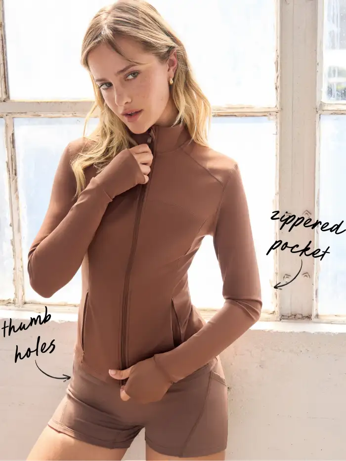 Knit Fabric CIDERAIRY™ High Neck Solid Zipper Pocket Active Long