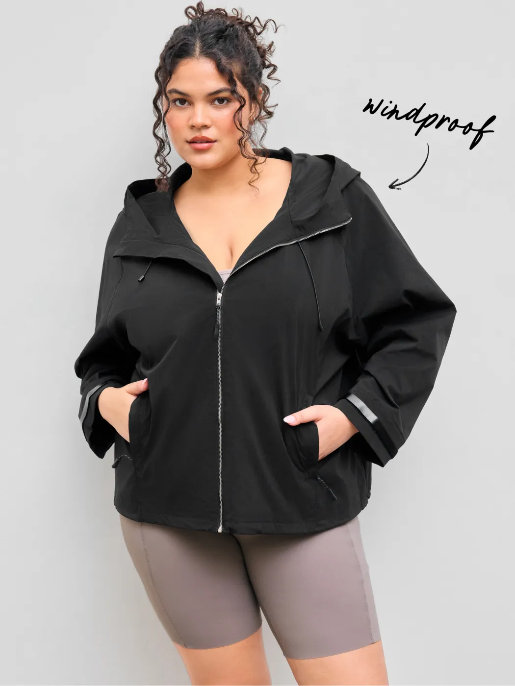 Hooded Collar Solid Drawstring Zipper Pocket Jacket Curve & Plus
