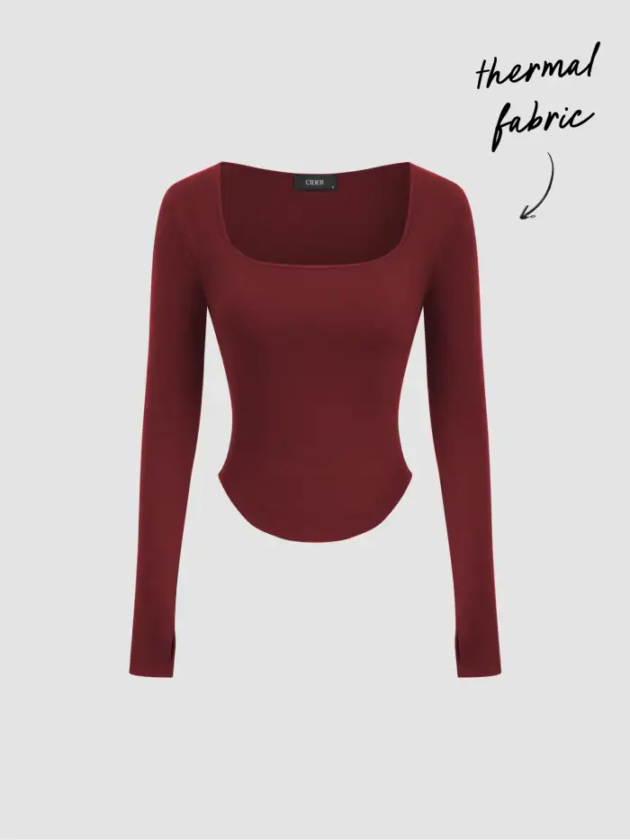 Thermal Cotton-blend Boat Neck Solid Ruched Long Sleeve Tee