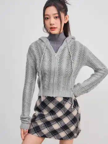 Knit Hooded Zipper Hollow Out Cardigan
