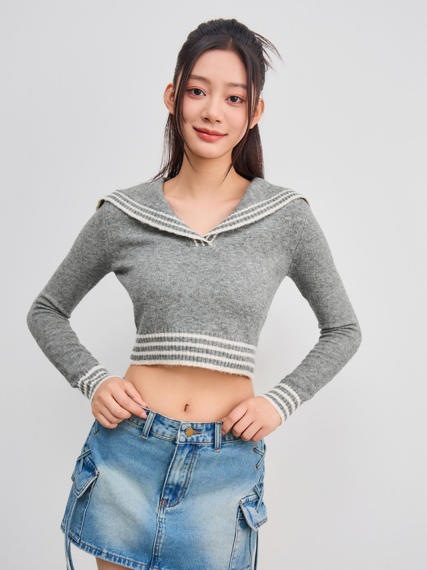 V-neck Knit Sailor Collar Wool-blend Long Sleeve Crop Sweater