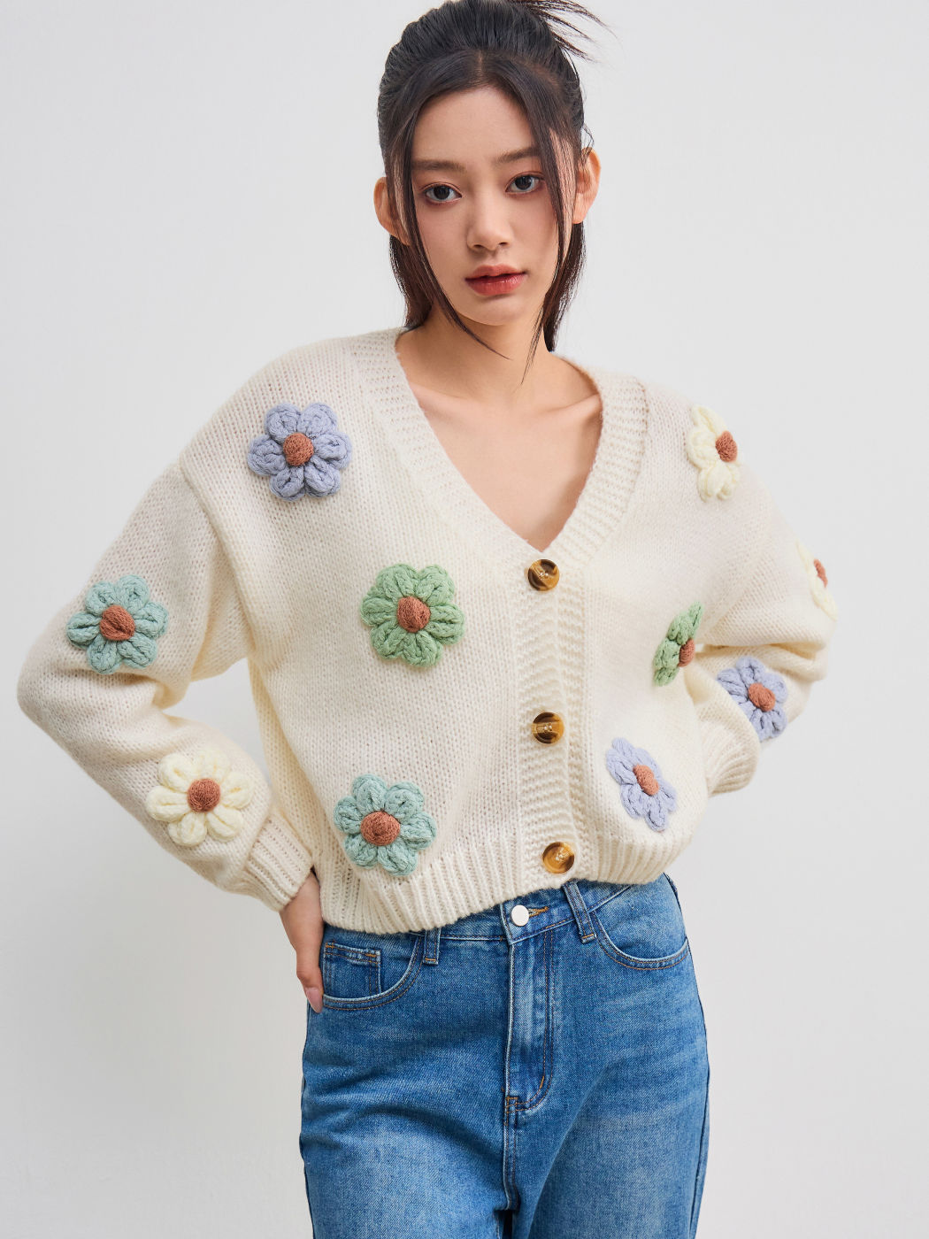 V-neck Button Flower Cardigan