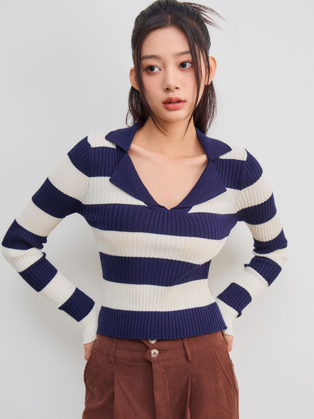 Knit Polo Striped Long Sleeve Top