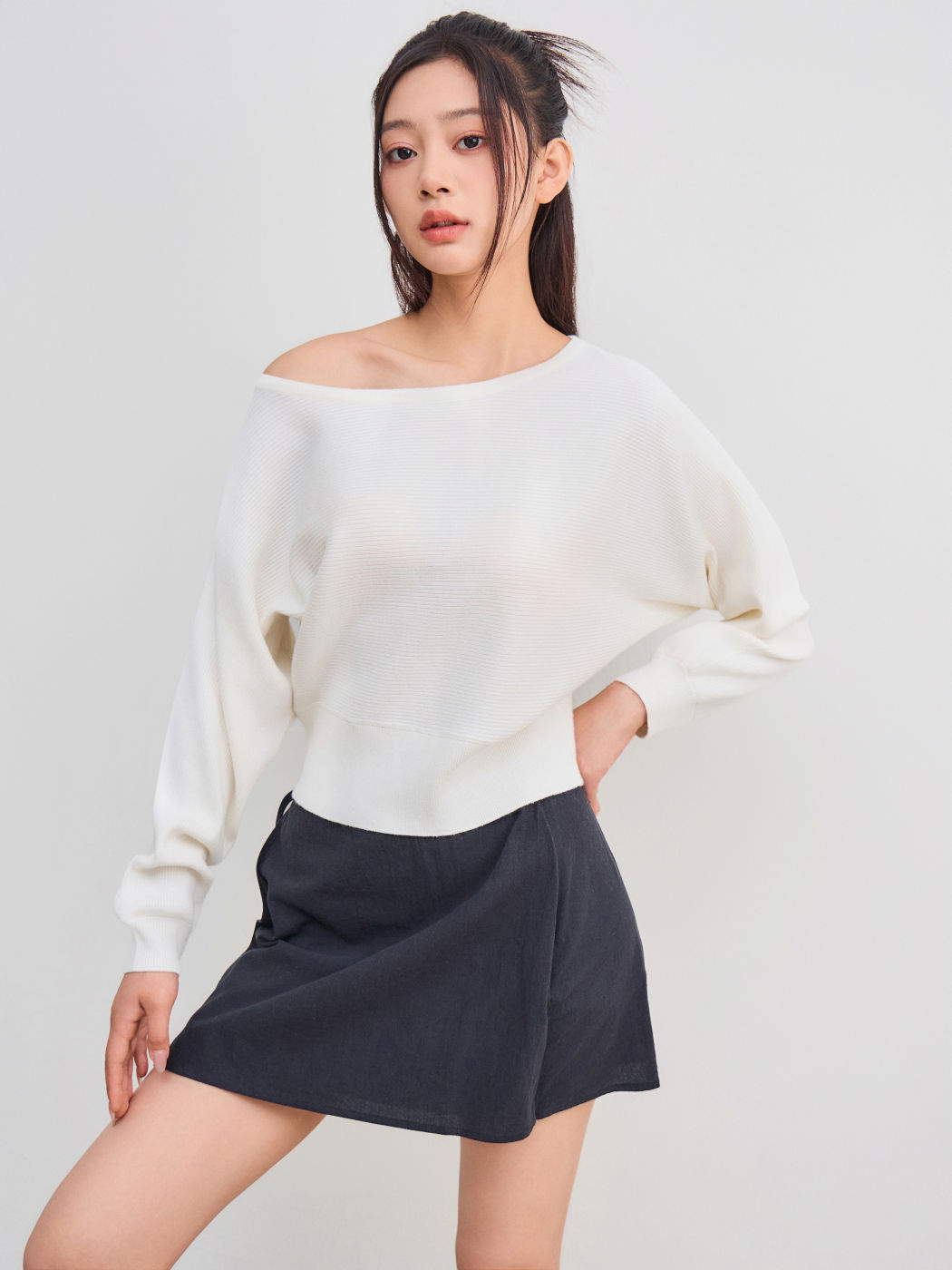 Asymmetrical Neck Solid Crop Long Sleeve Top