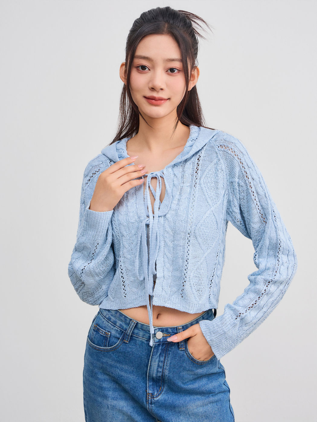 Cable Knit Hooded Solid Tie Front Bow Cardigan