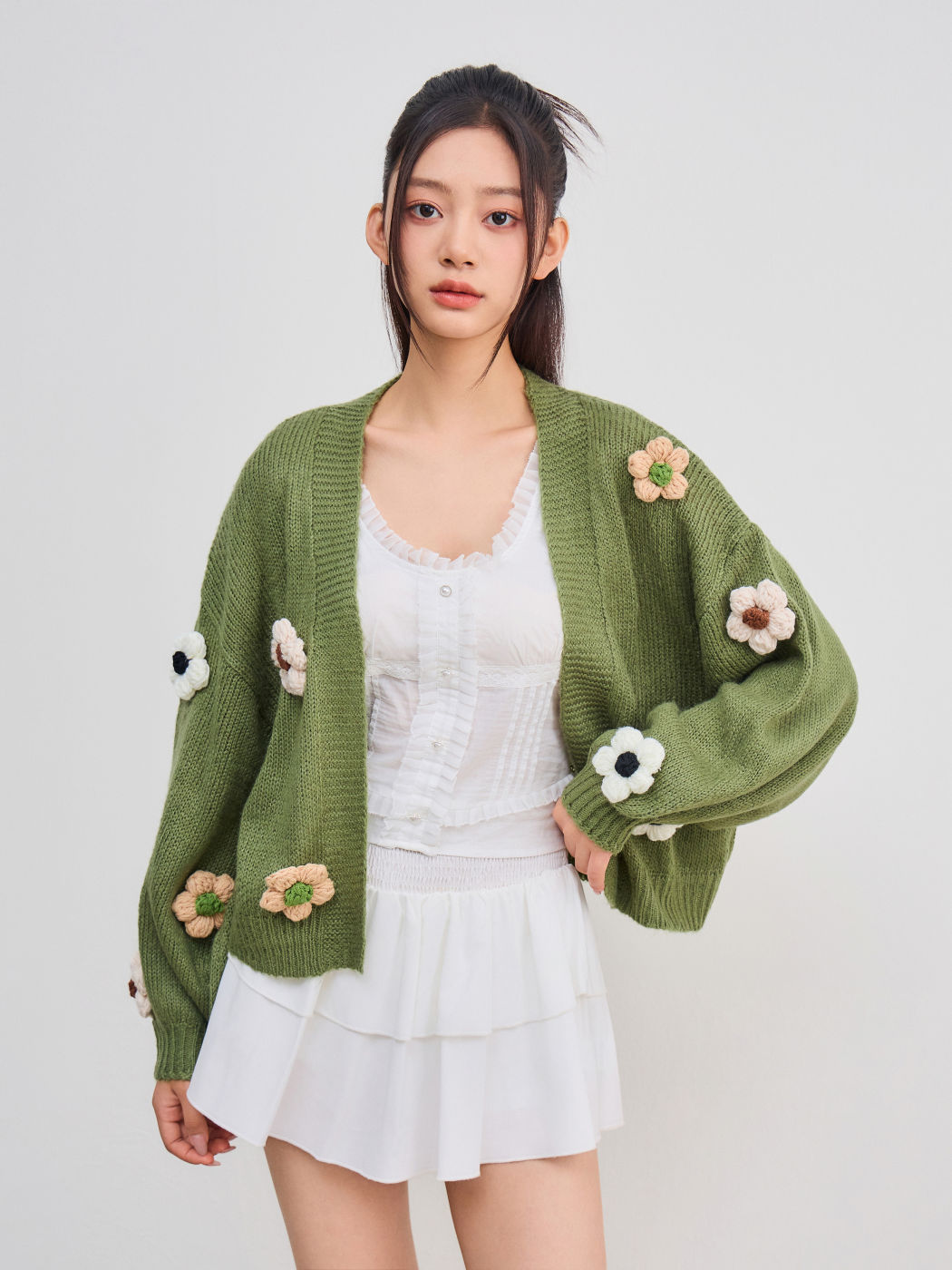 Knit Collarless Floral Cardigan
