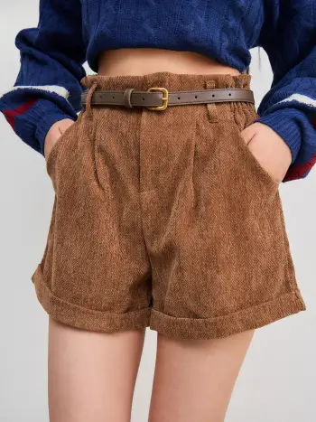 Corduroy Mid Rise Roll Hem Shorts With Belt