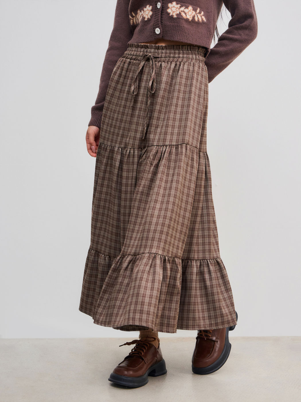 Elastic Waist Check Knotted Tiered Maxi Skirt