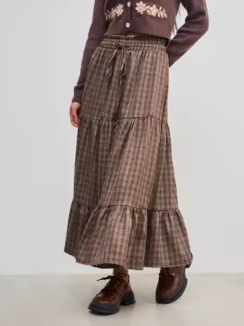 Elastic Waist Check Knotted Tiered Maxi Skirt