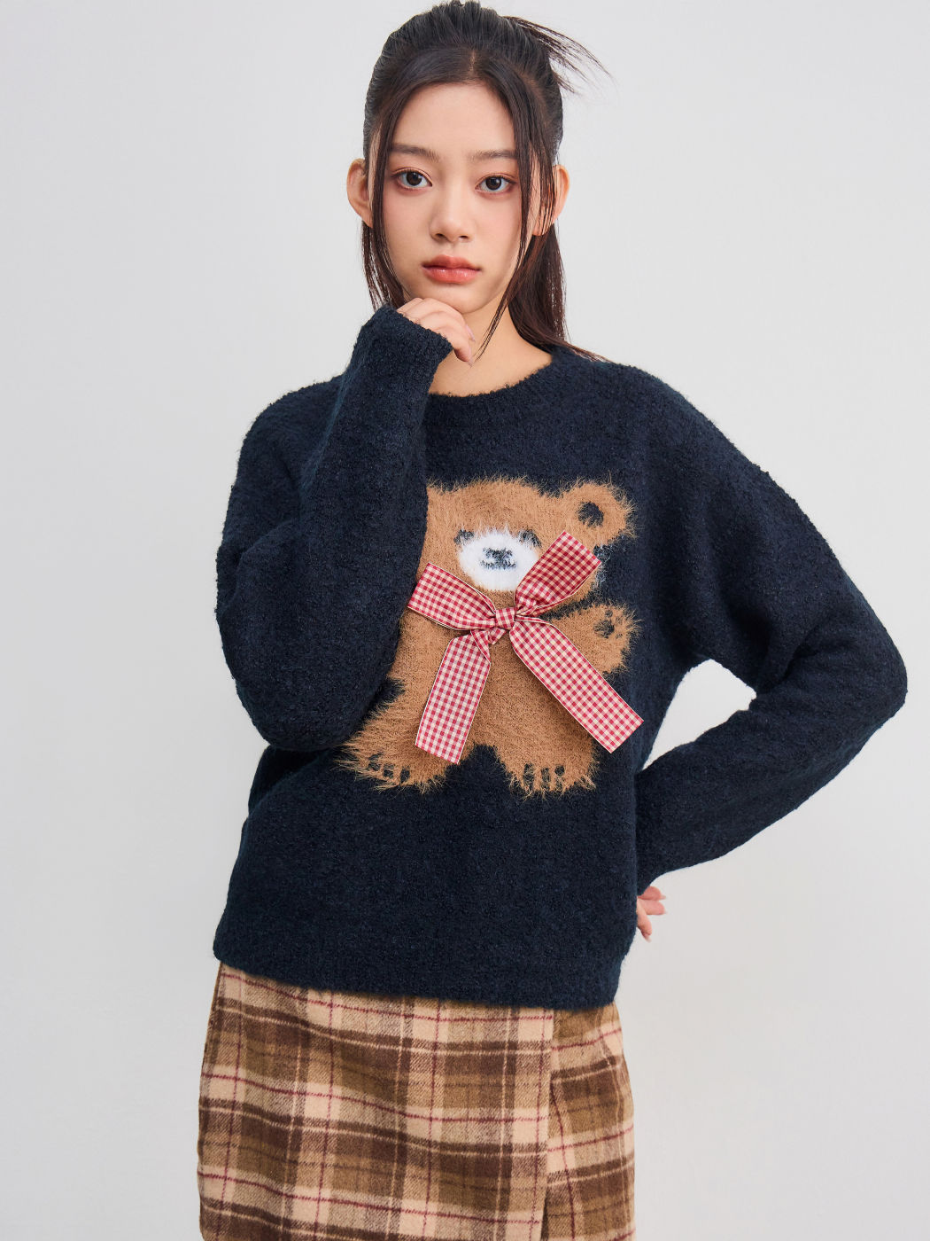 Knit Wool-blend Round Neckline Solid Bear Bowknot Long Sleeve Top