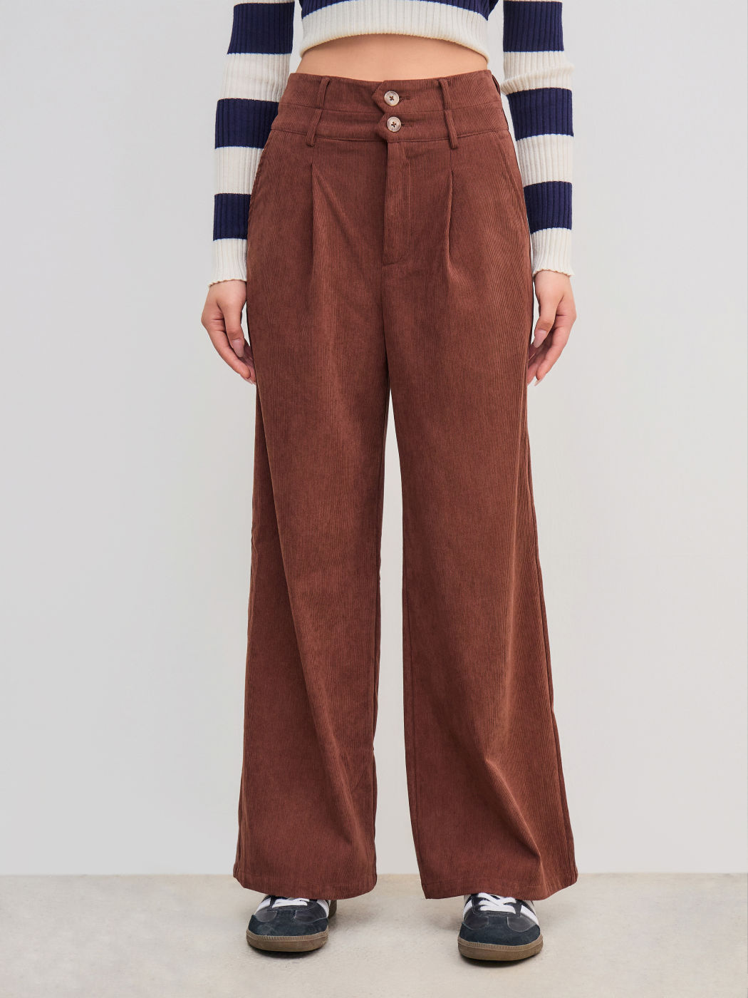 Corduroy High Rise Solid Pleated Double Button Pocket Wide Leg Trousers