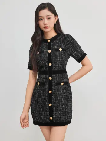 Tweed Round Neckline Solid Metallic Button Mini Dress