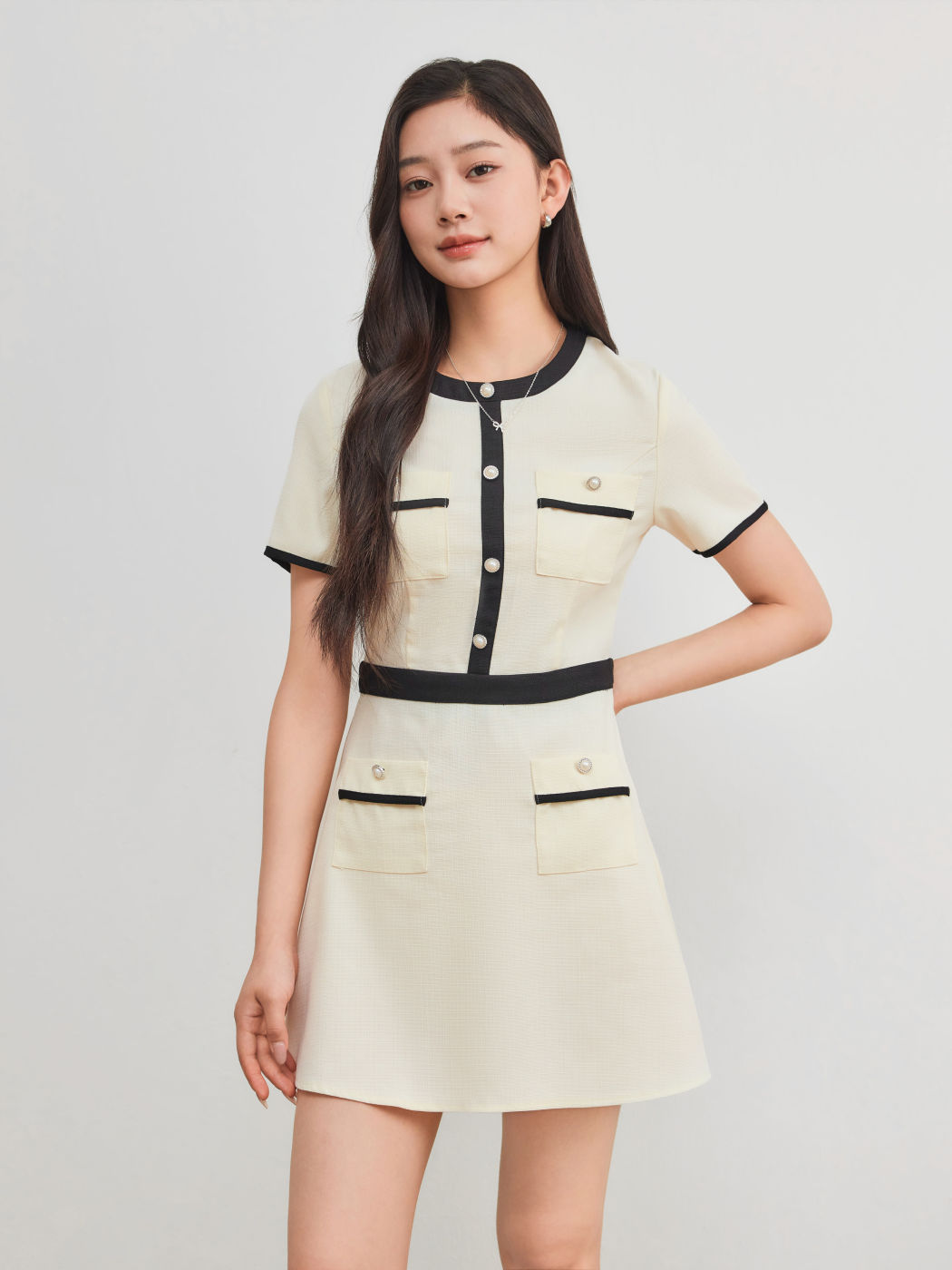 Tweed Round Neckline Contrasting Binding Pearl Button Mini Dress