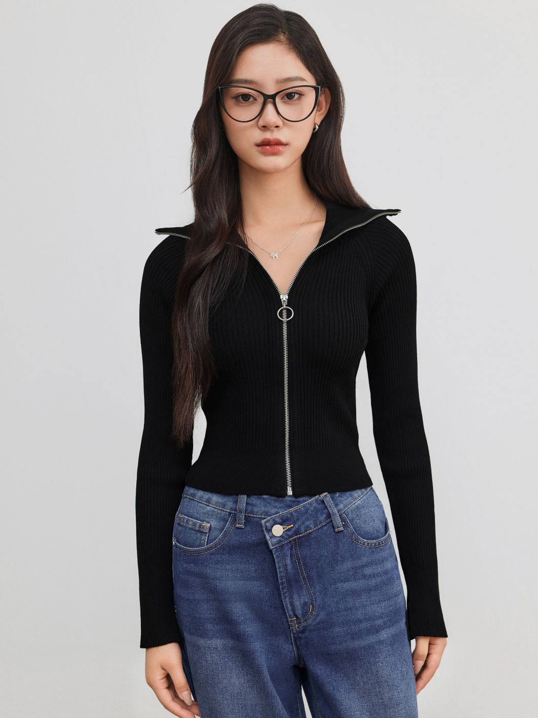 Knitted Collar Solid Zipper Cardigan