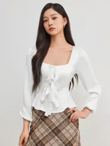 Satin Square Neck Ruffle Hem Bowknot  Long Sleeve Blouse