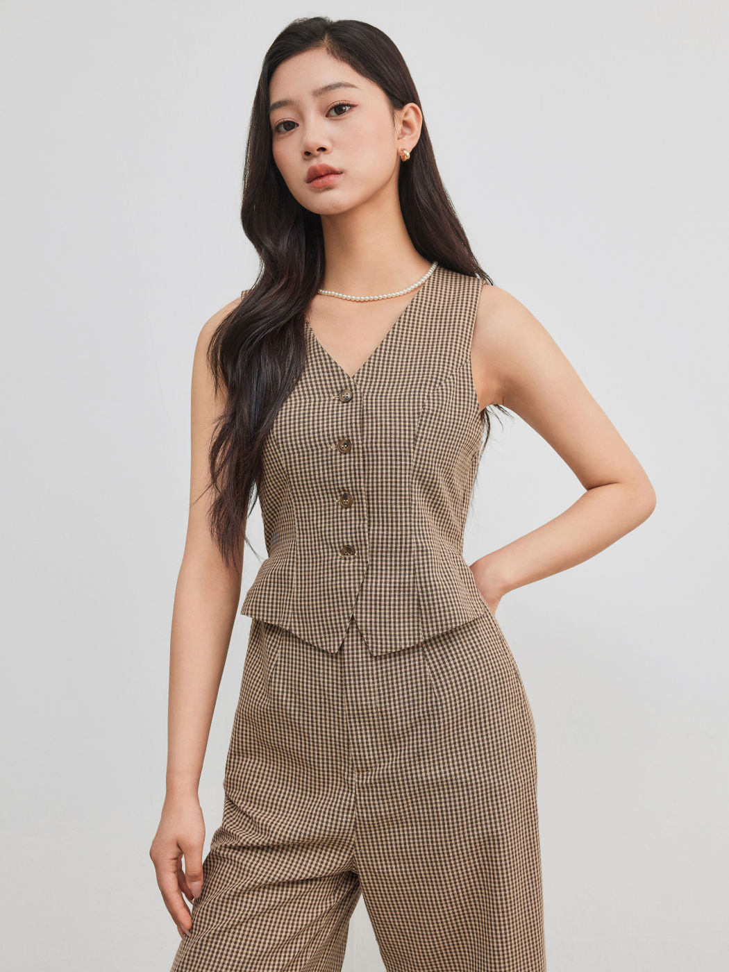 Cotton-blend V-neck Gingham Button Pocket Wide Leg Jumpsuit