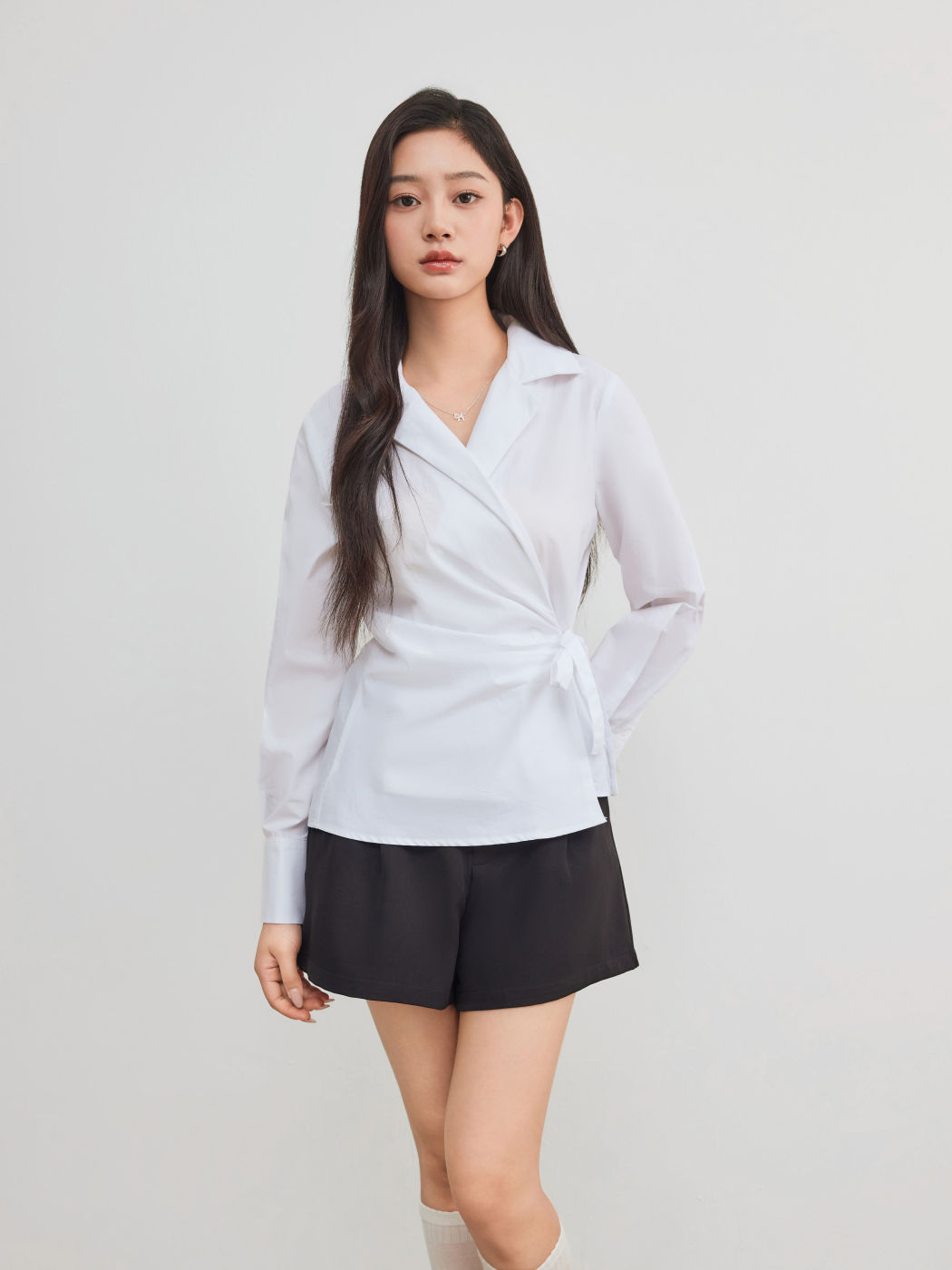 100% Cotton Collar Solid Wrap Knotted Long Sleeve Shirt