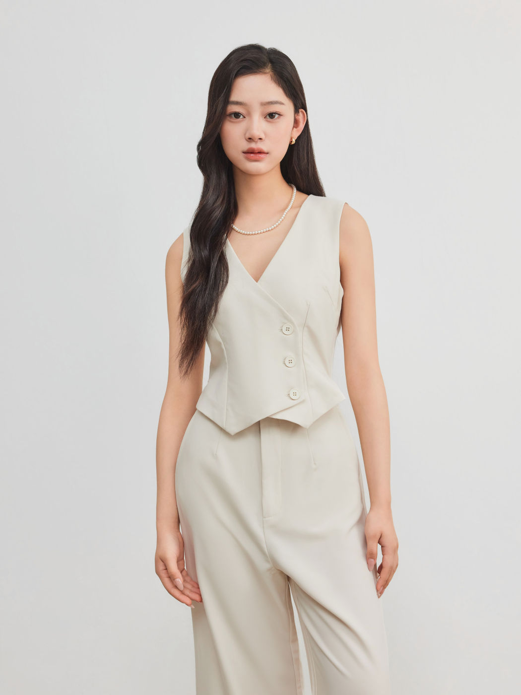 V-neck Solid Wrap Button Pocket Vest Jumpsuit