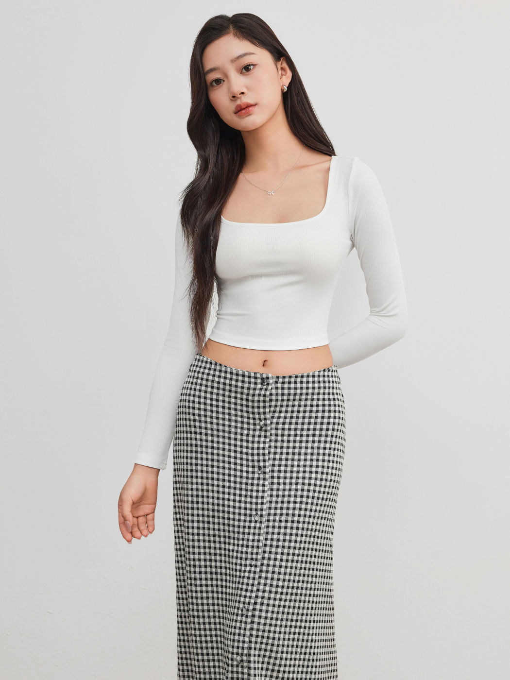 Square Neck Solid Long Sleeve Crop Top & Mid Rise Gingham Button Maxi Skirt Set