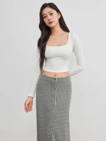 Square Neck Solid Long Sleeve Crop Top & Mid Rise Gingham Button Maxi Skirt Set