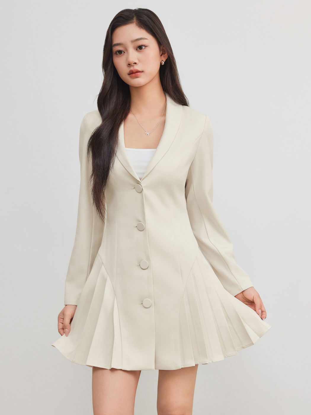 Collar Solid Button Pleated Mini Blazer Dress