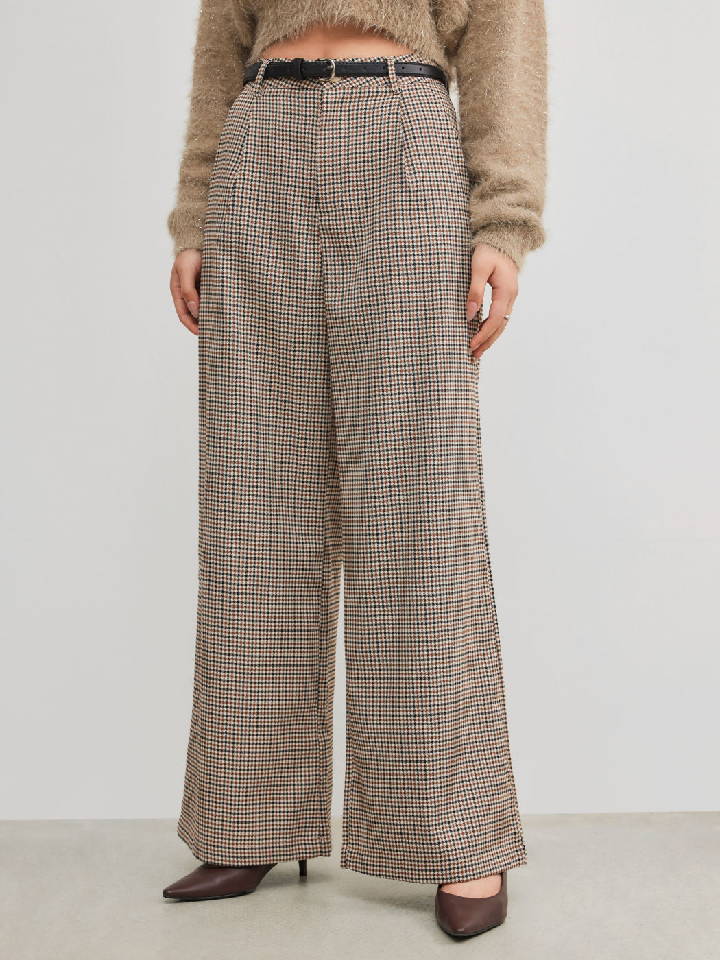 Middle Waist Geometric Pocket Wide Leg Trousers With Belt