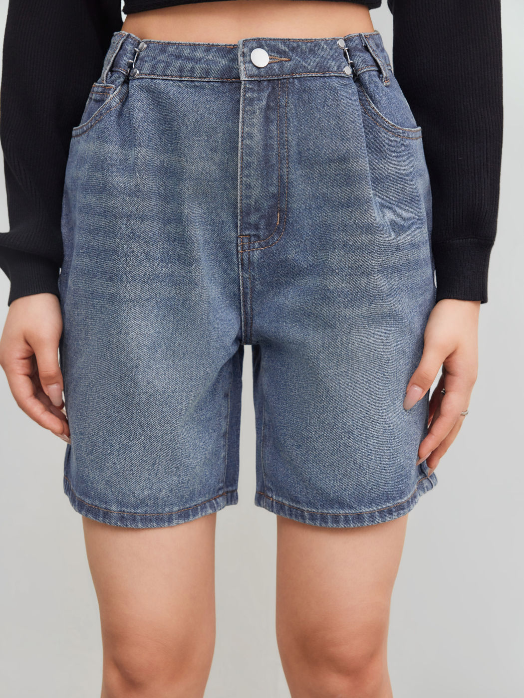 Denim High Rise Solid Wide Leg Shorts