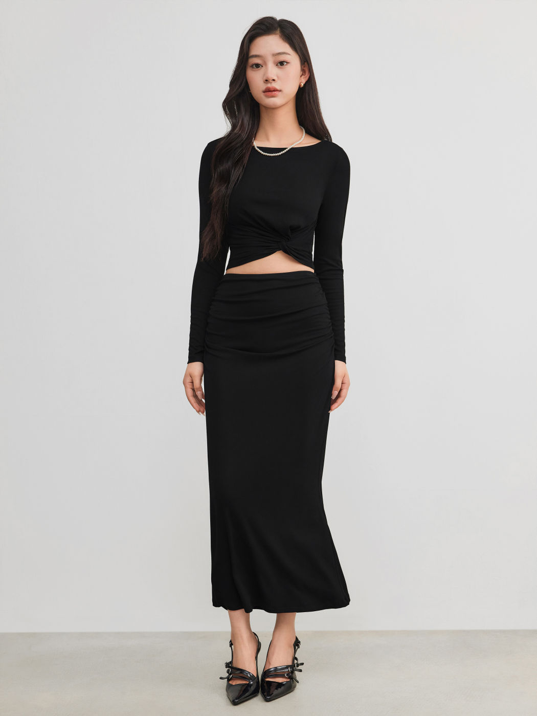 Boat Neckline Solid Twist Long Sleeve Crop Top & Mid Rise Solid Ruched Maxi Skirt