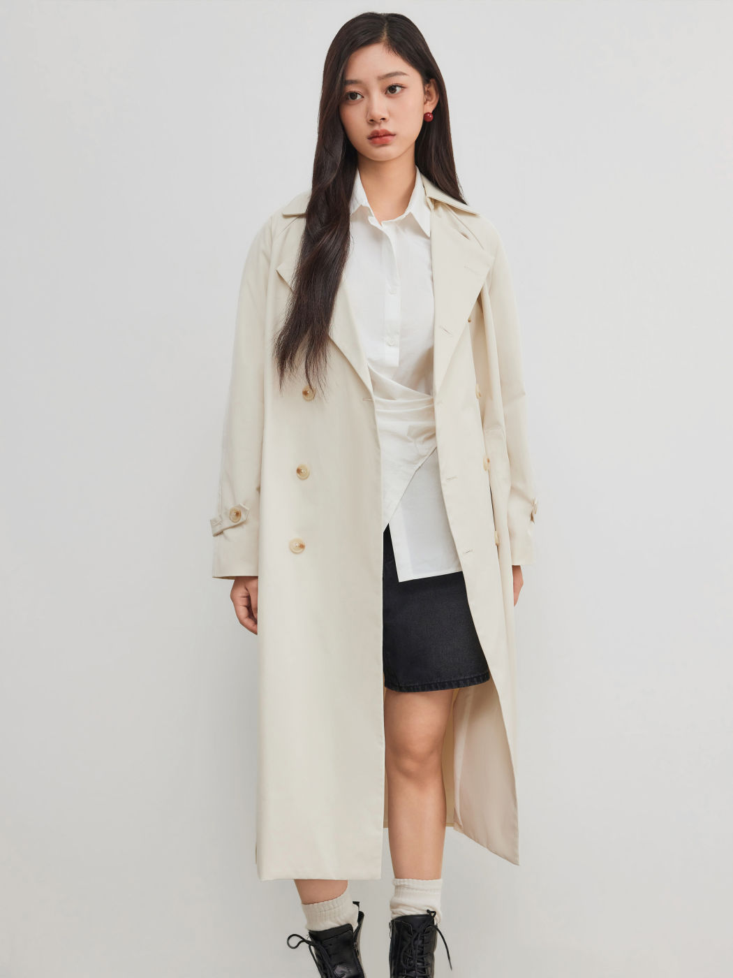 Collar Solid Pocket Trench Coat