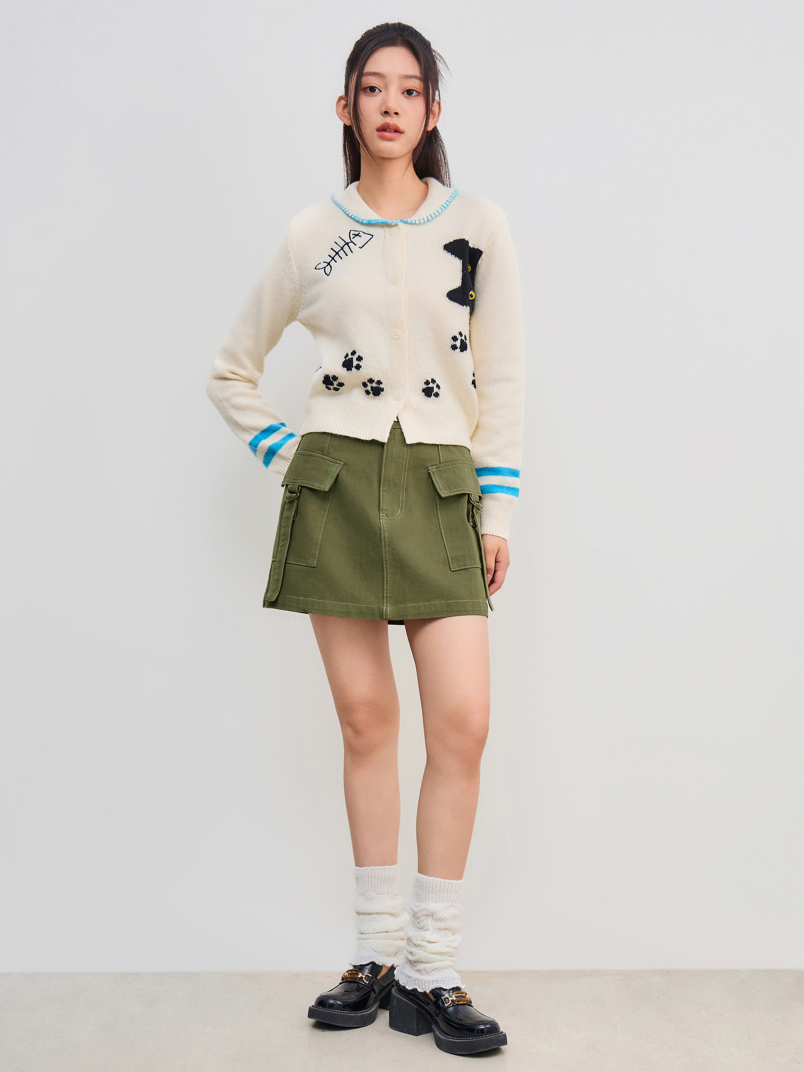 ニット生地 ニットカラー猫ボタンカーディガン For デイリーカジュアル