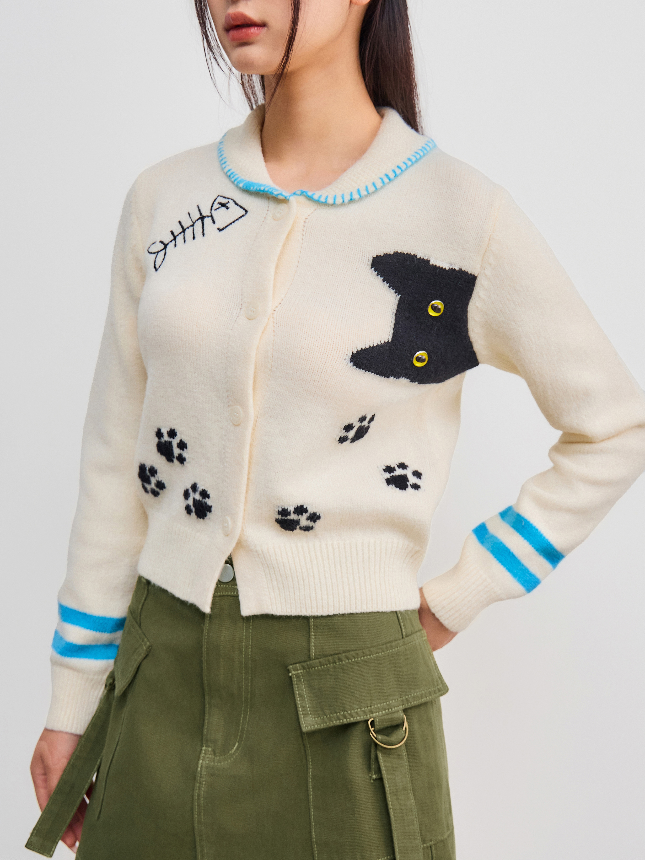 ニット生地 ニットカラー猫ボタンカーディガン For デイリーカジュアル